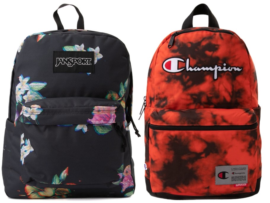 black floral Jansport backpack and orange and black tie dye Champion backpack