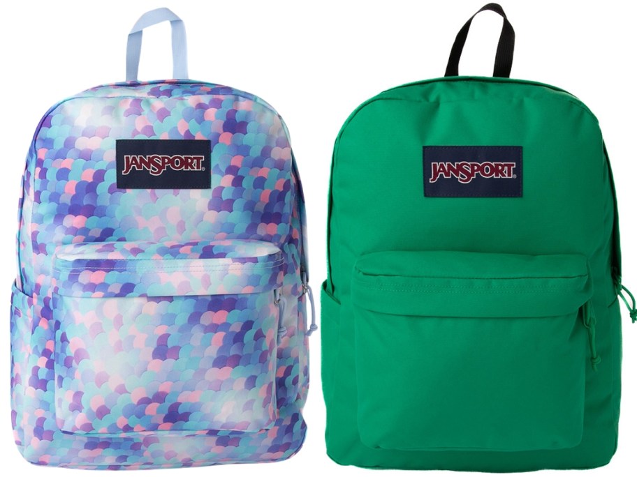 blue, pink and white pattern Jansport backpack and a green Jansport backpack