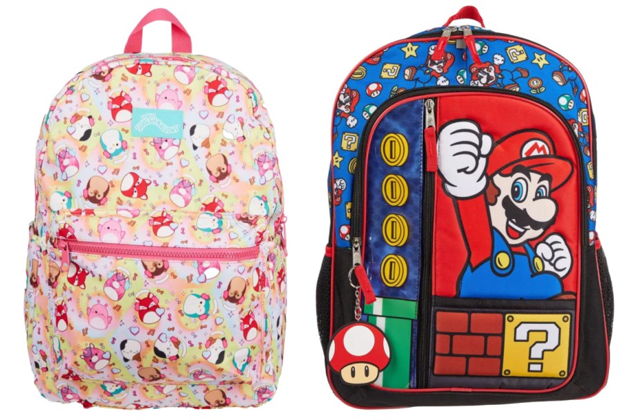 squishmallow and mario kids backpacks