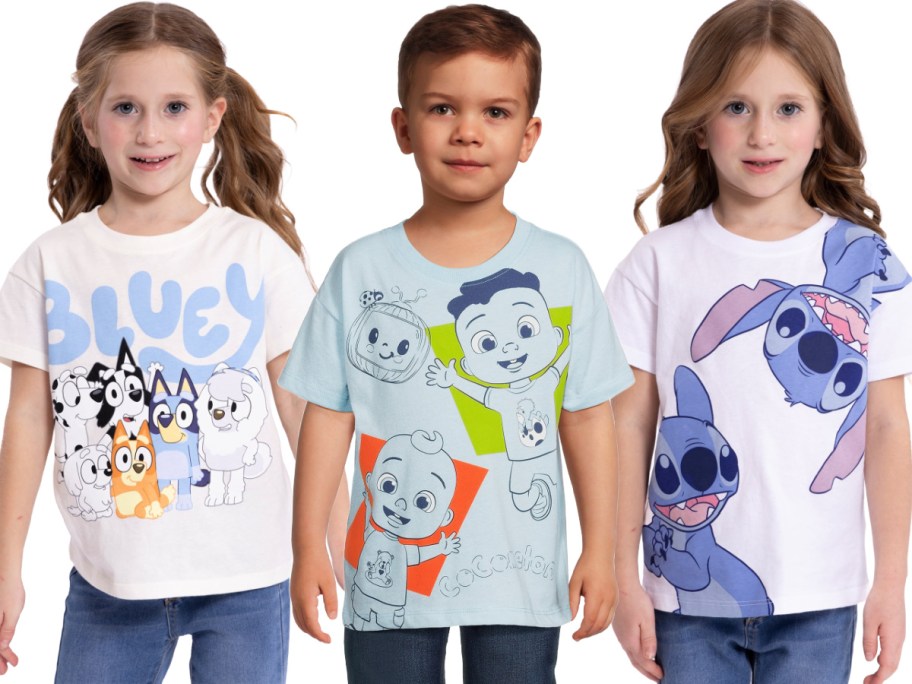 kids wearing character t-shirts