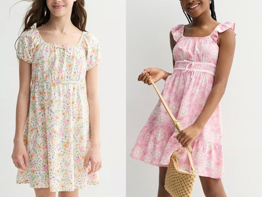 girls wearing yellow and pink dresses