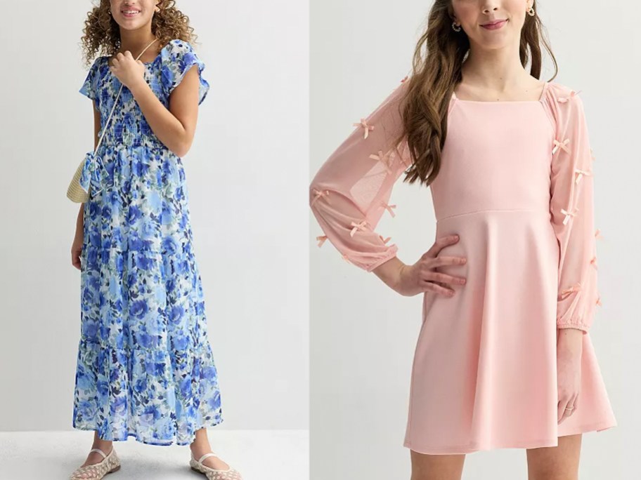 girls wearing blue and pink dressses