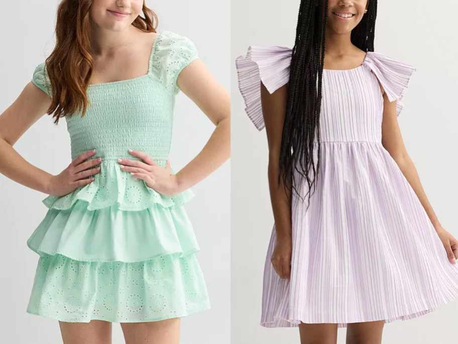 girls wearing green and purple dresses