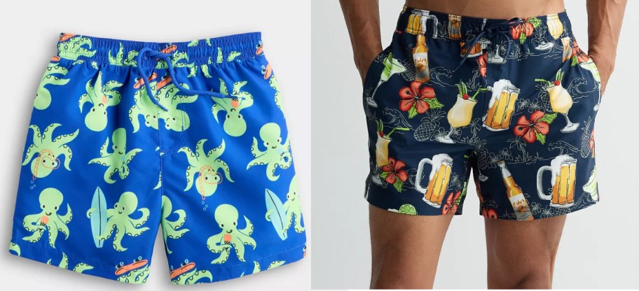 Two pairs of swimtrunks. One with octopus designs and the other with summer drink designs.