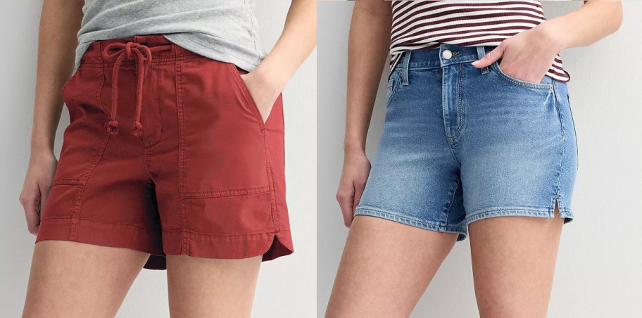 women wearing red and blue jean shorts 