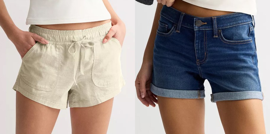 women wearing tan and blue jean shorts 