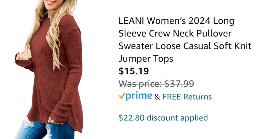 woman wearing rust colored sweater next to Amazon pricing information