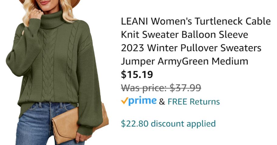 woman wearing green turtleneck next to Amazon pricing information