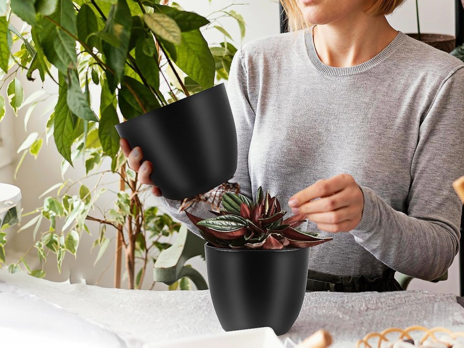 woman holding black planters with plants 