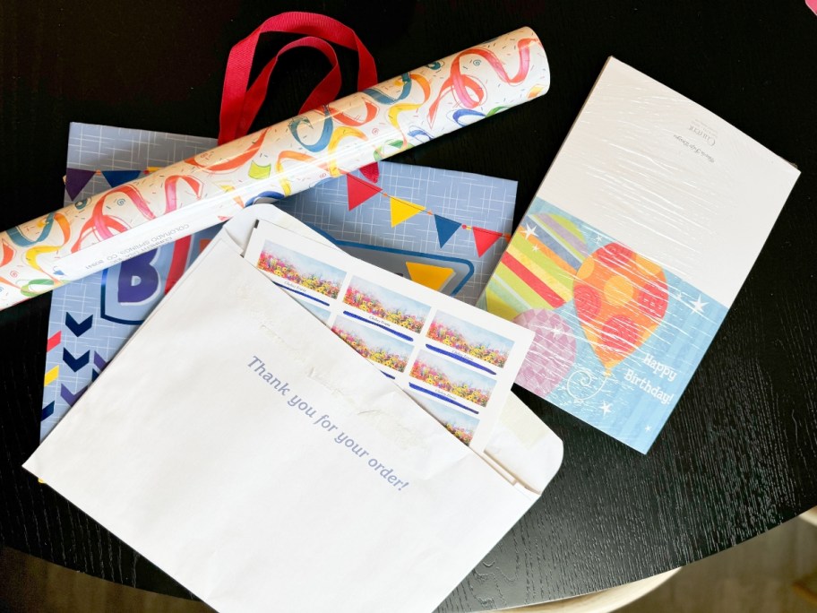 birthday gift wrap, gift bag, cards and personalized address labels 