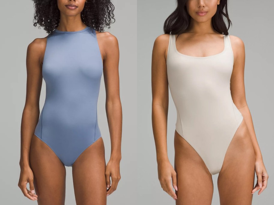 women wearing bodysuits, 1 light blue, 1 off white