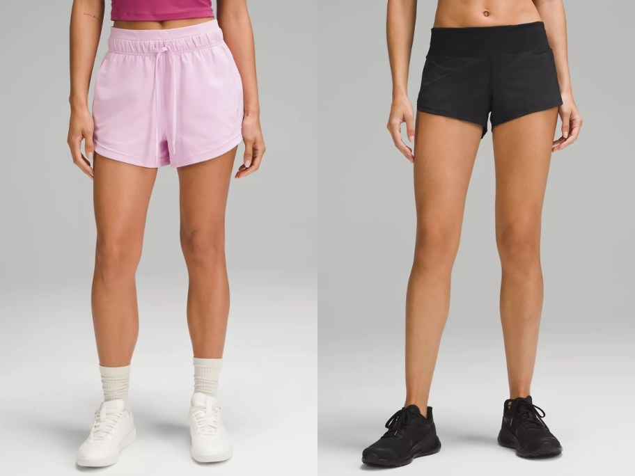 women wearing lululemon shorts, 1 in light pink, the other in black