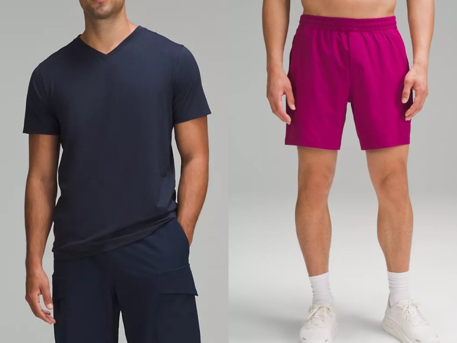 man wearing a navy vneck top and man wearing fuchsia shorts