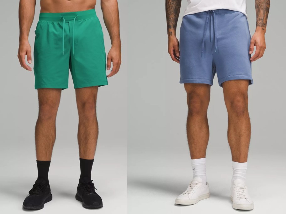 man wearing green shorts and man wearing light blue shorts