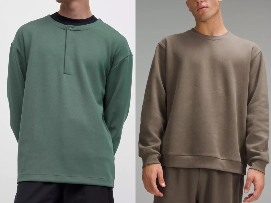 man wearing a green long sleeve henley shirt and man wearing a brown crewneck sweatshirt