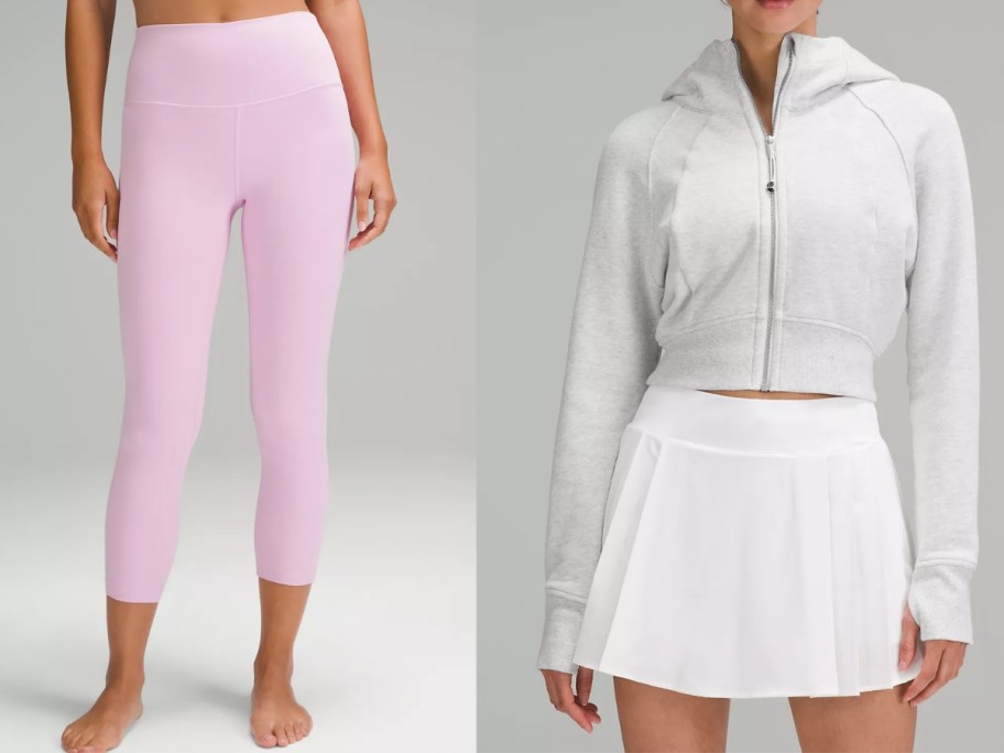 woman wearing pink lululemon leggings and woman wearing a white cropped zip up hoodie and tennis skirt