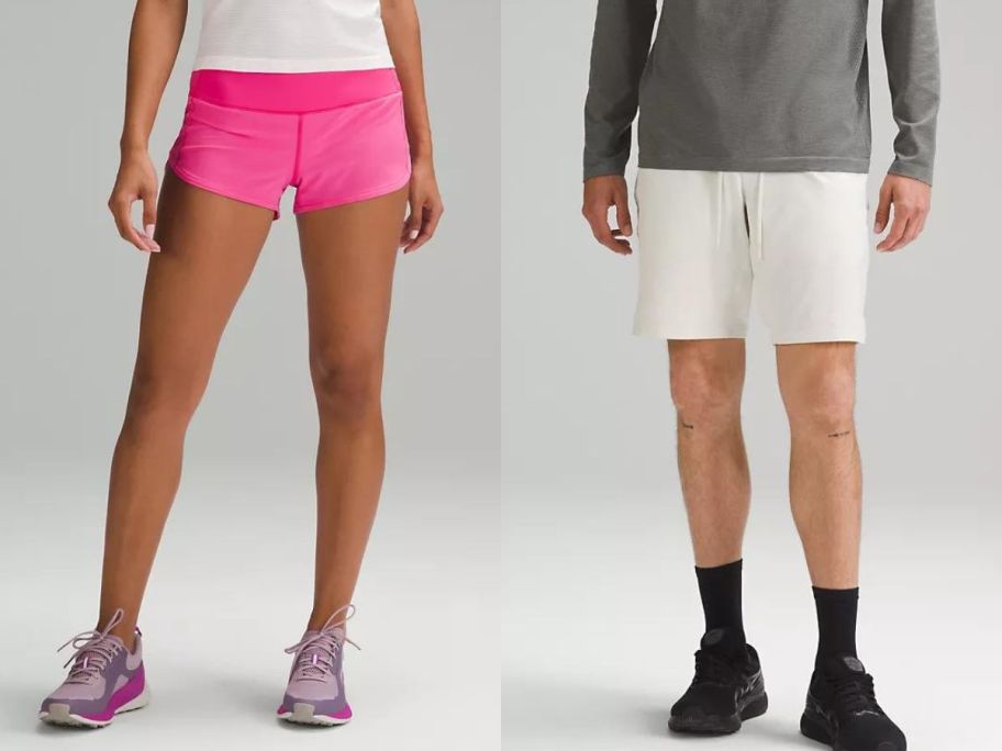 Stock images of a woman and a man wearing lululemon shorts