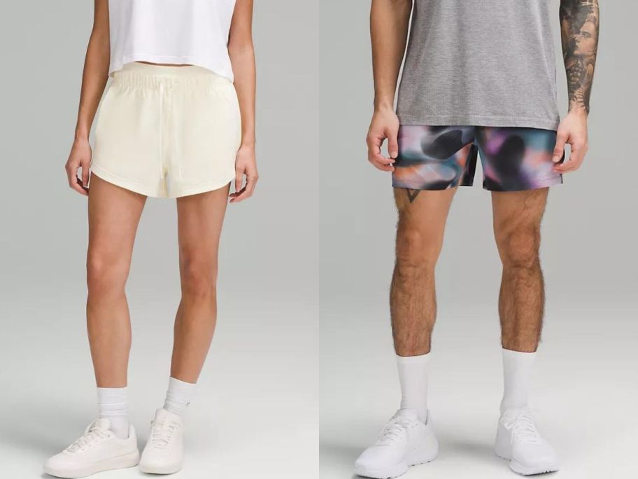 Stock image of a woman and a man wearing lululemon shorts