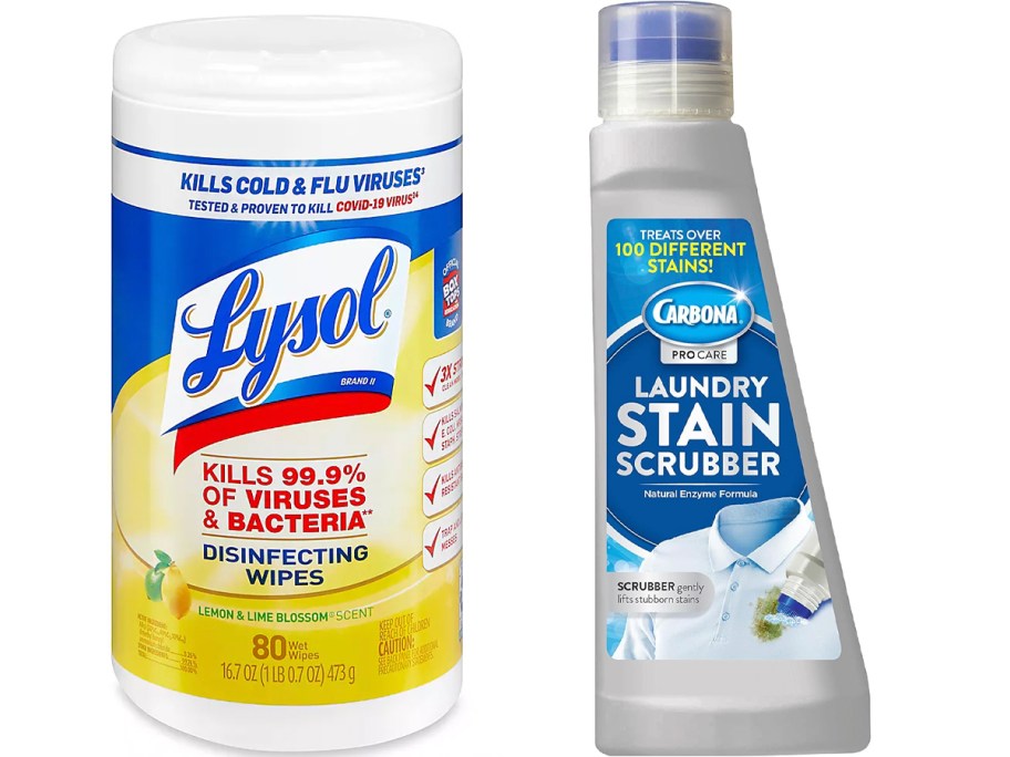 lysol wipes and carbona stain remover scrubber stock images