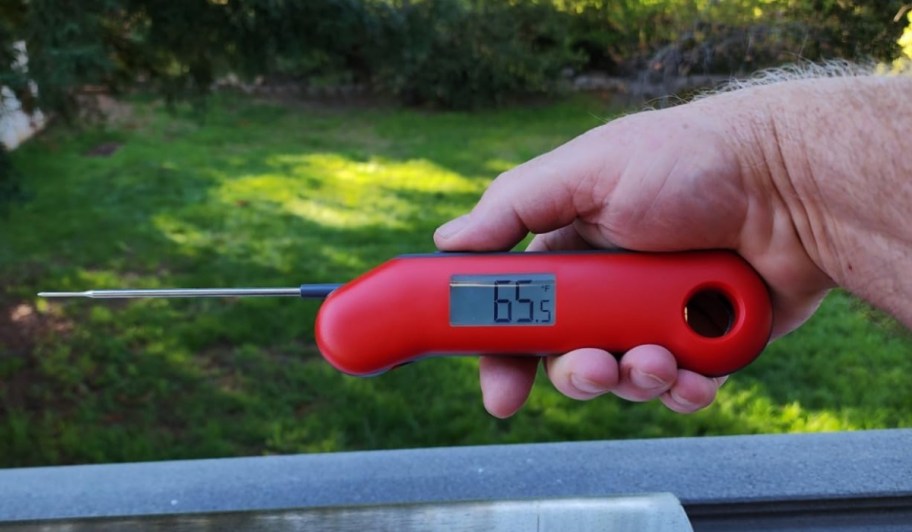 hand holding up meat thermometer outside
