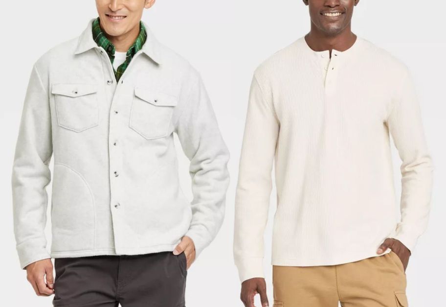 a mean wearing a shacket shown with a man wearing a long sleeve henley tee