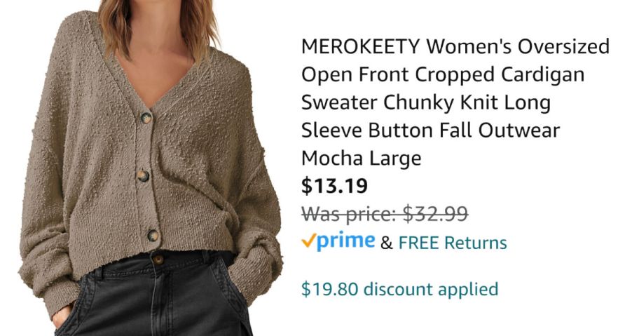 woman wearing tan cardigan next to Amazon pricing information