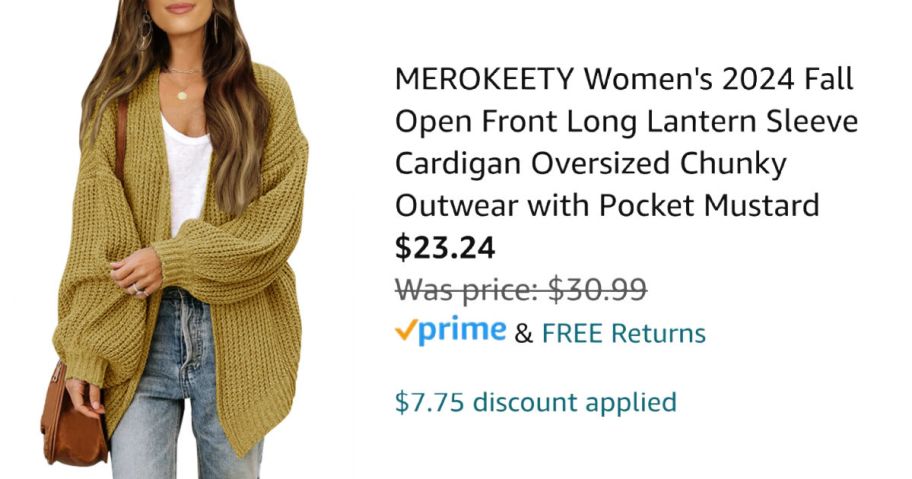 woman wearing mustard colored cardigan next to Amazon pricing information