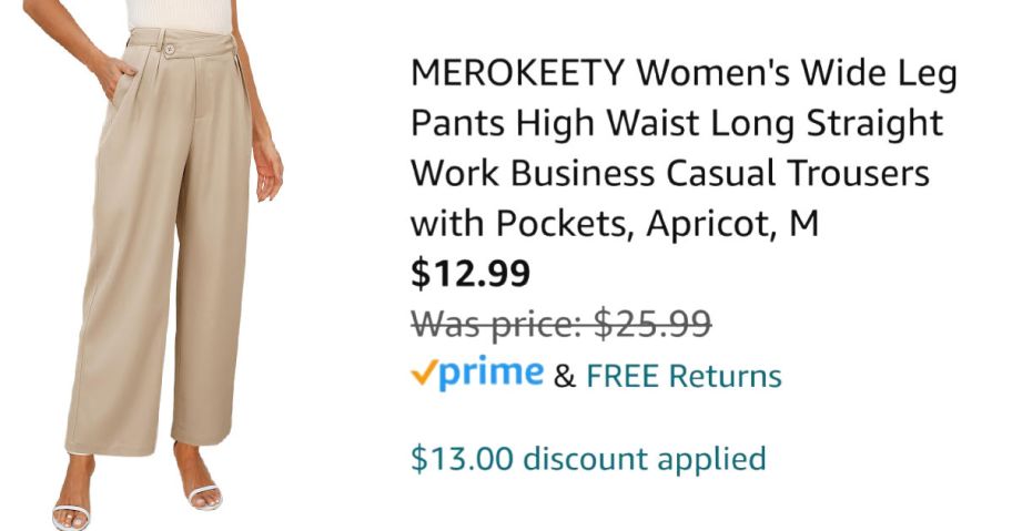 woman wearing pants next to Amazon pricing information