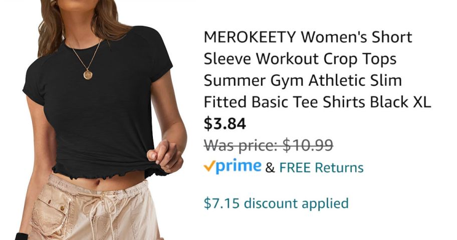 woman wearing a black shirt next to Amazon pricing information