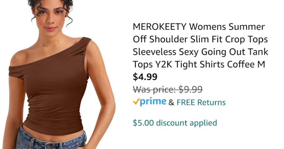woman wearing off shoulder shirt next to Amazon pricing information