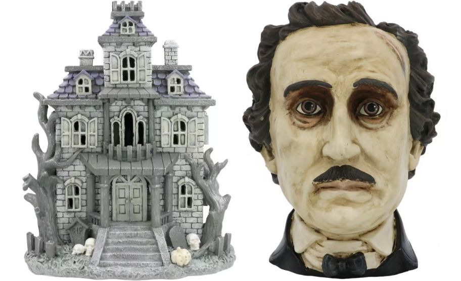 resin mini led haunted house show with edgar allen poe container