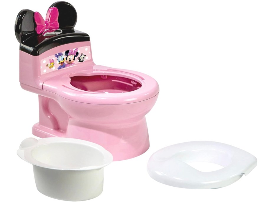 pink and white minnie mouse potty training toilet with pot and lid sitting in front of it 