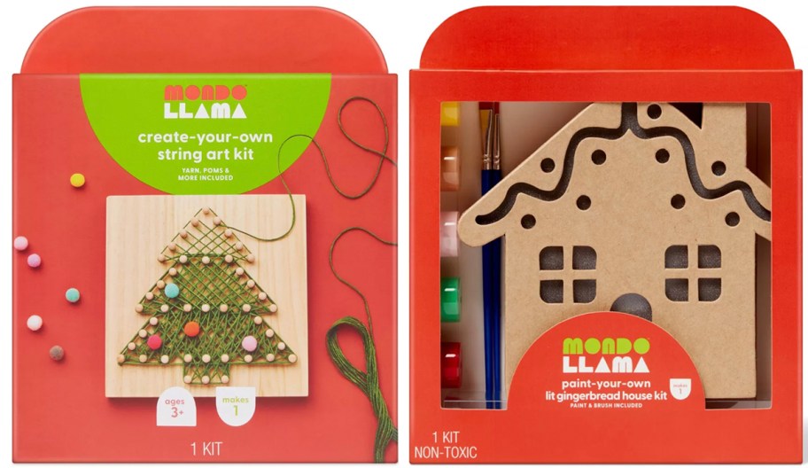 mondo llama string art and gingerbread house craft kits 