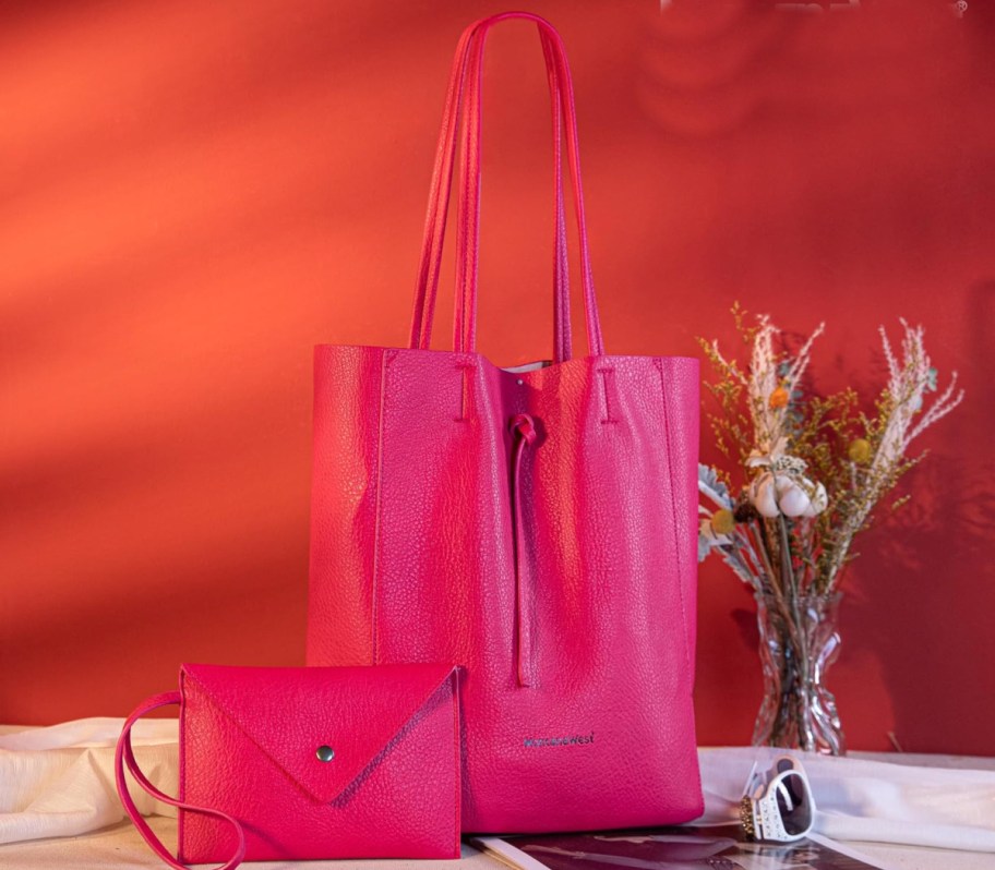 hot pink tote bag and pouch