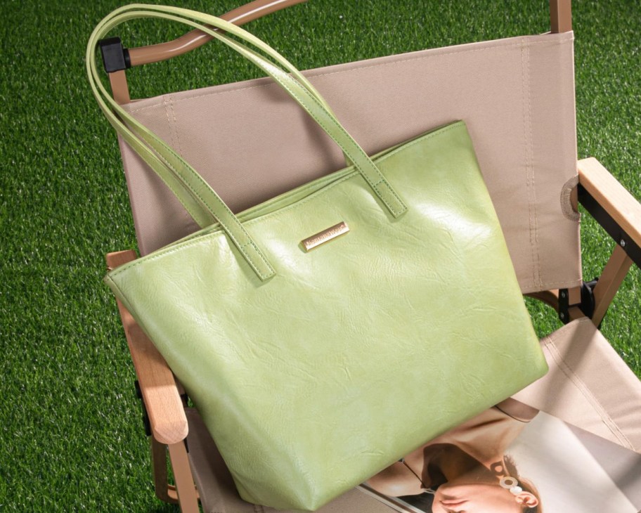 light green tote bag on chair