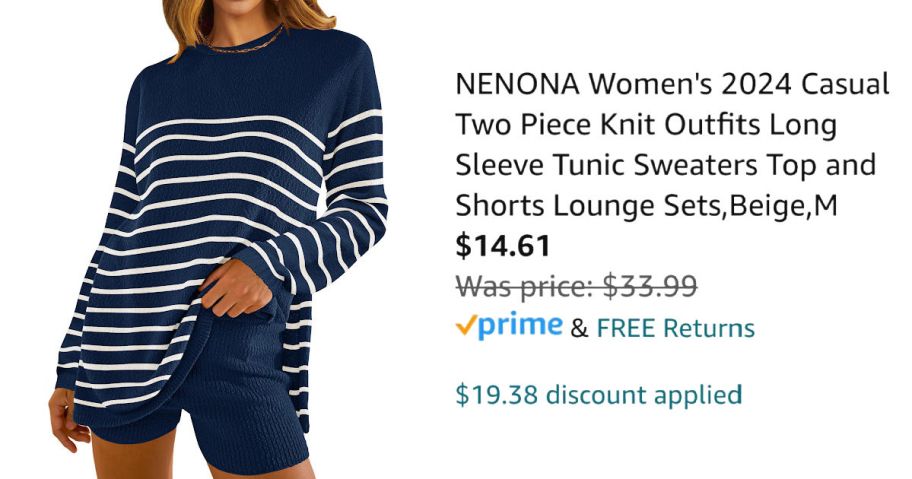 woman wearing blue 2-piece lounge set next to Amazon pricing information