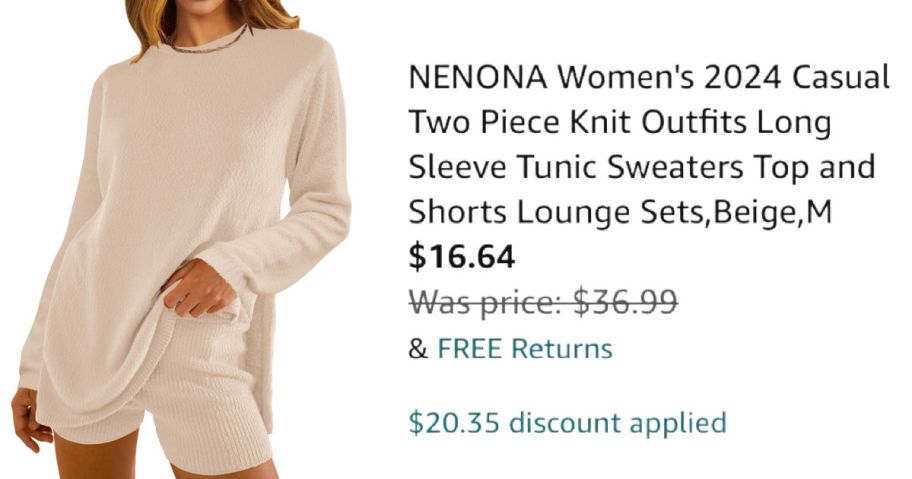 woman wearing beige lounge set next to Amazon pricing information