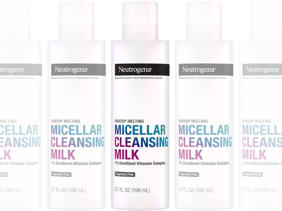 A bottle of neutrogena micellar cleansing milk on a white background