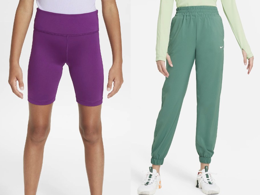 two girls wearing purple shorts and green pants 