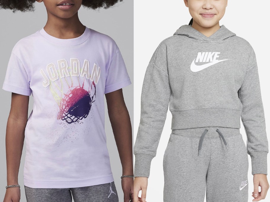 two girls wearing purple tee and gray hoodie