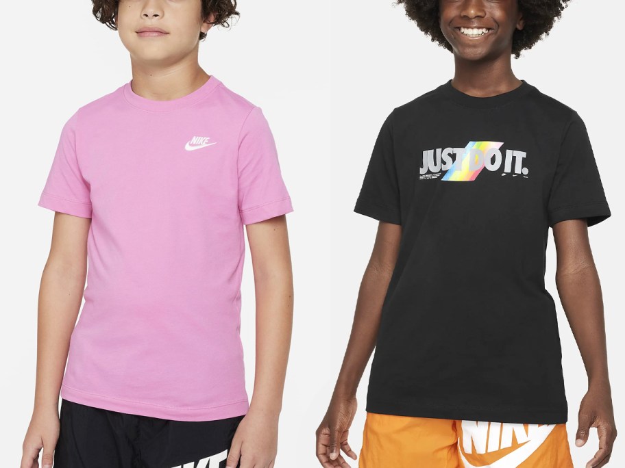 two boys wearing pink and black nike tees