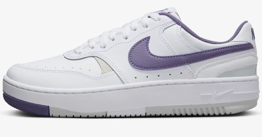women's Nike shoe in white with lavender purple accents