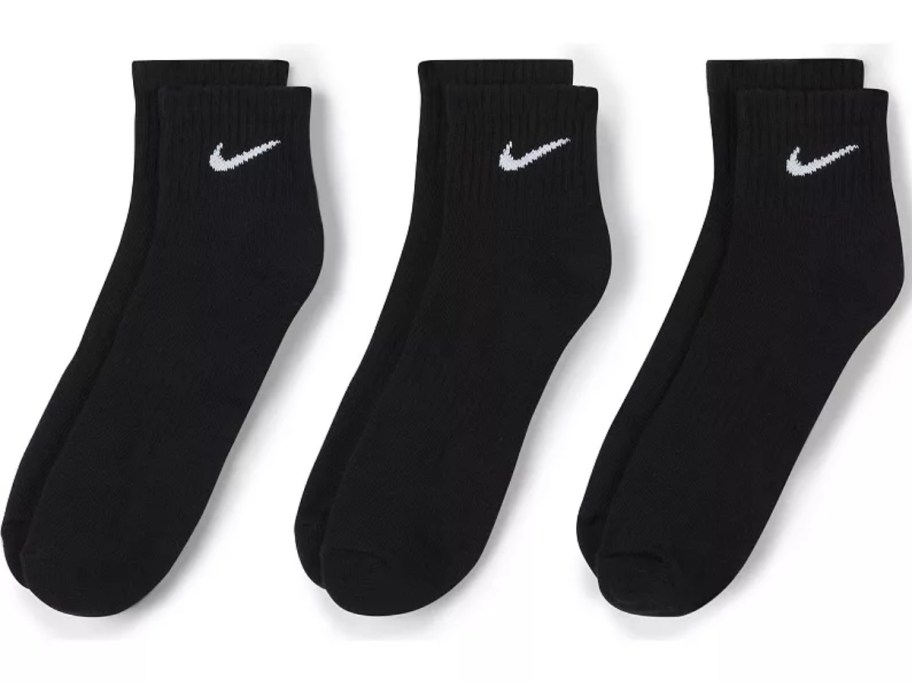3 pair of black Nike ankle socks with a white swoosh