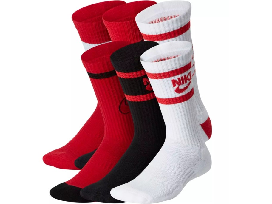 6 kids Nike socks in red, black and white