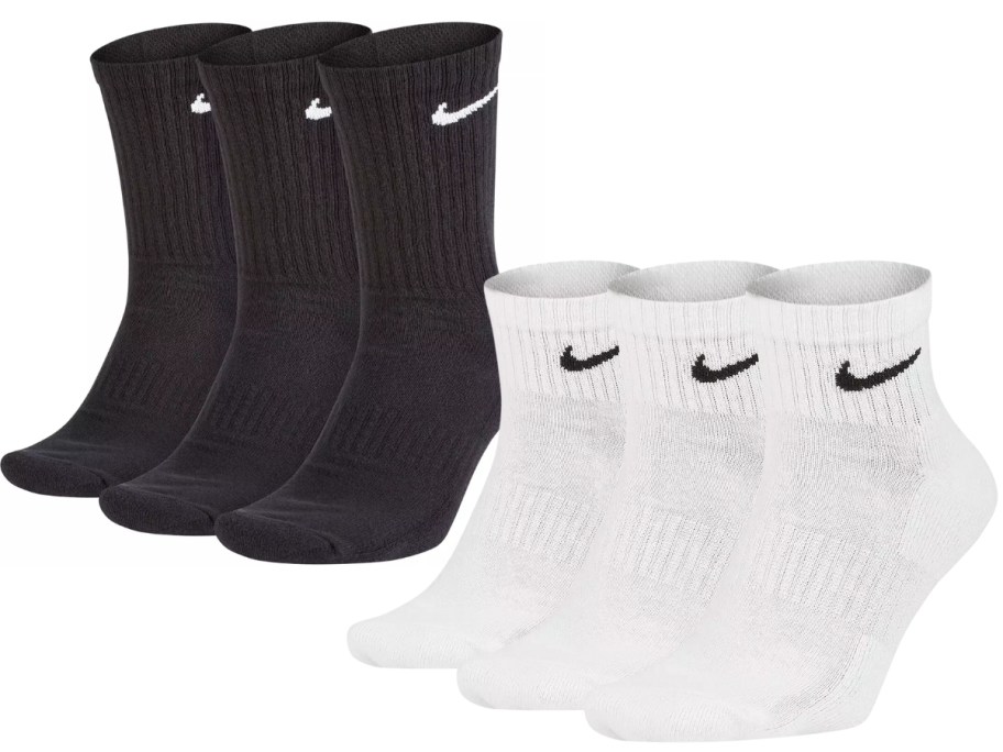 3 men's black mid calf and 3 white ankle Nike socks