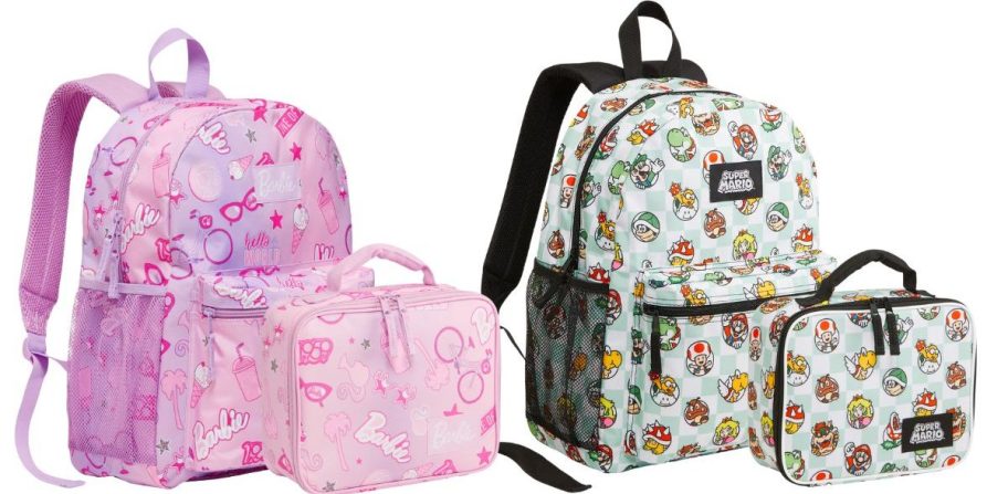 Old Navy Barbie and Super Mario backpacks and lunch bag stock images