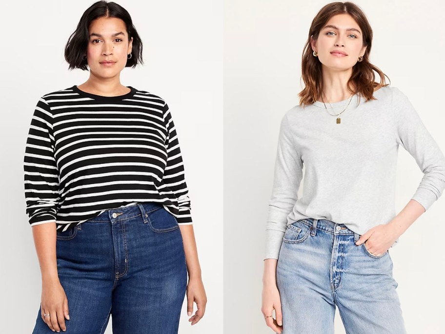 two women wearing black and white stripes and gray long sleeve tees and jeans