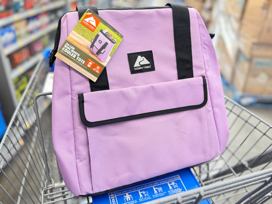 purple tote cooler in shopping cart 