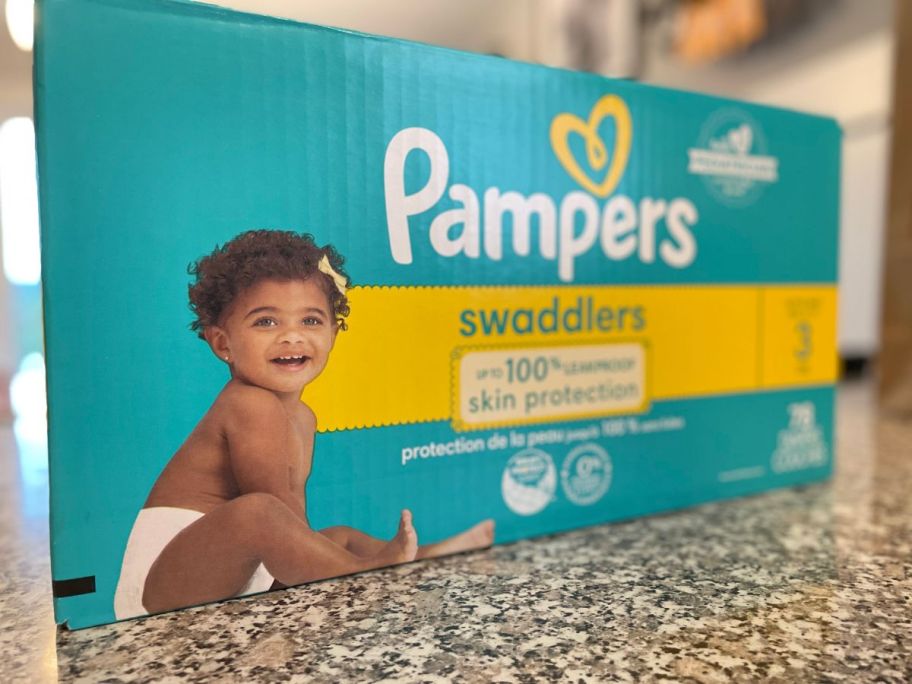 pampers box of diapers on counter