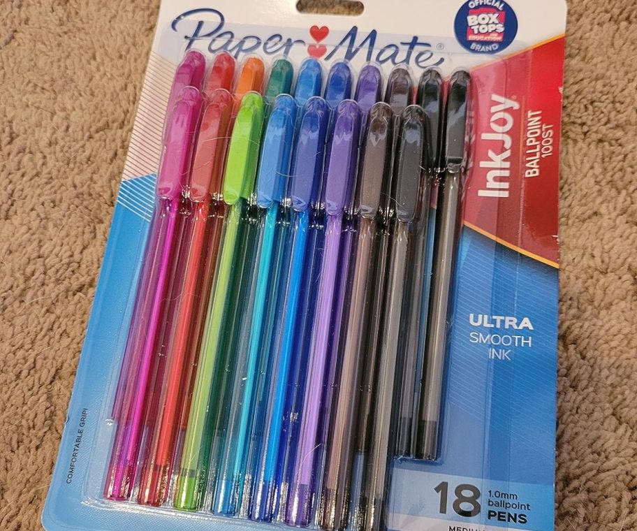 Paper Mate InkJoy Assorted Ballpoint Pen Set 18-Count package on carpet